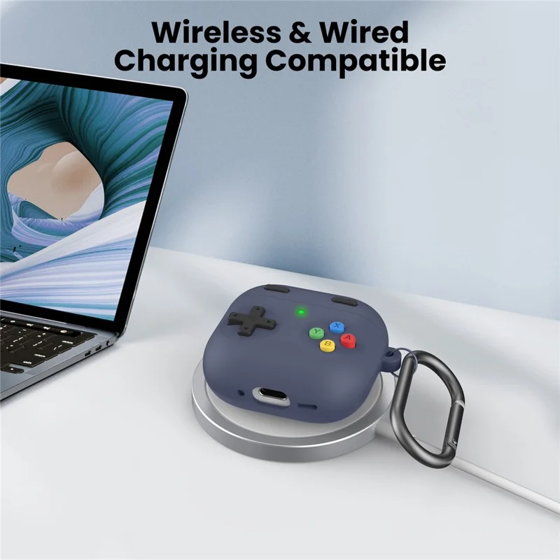 AHASTYLE PT-DD10 Für AirPods 4 Silikon-Hülle im Gaming-Konsolen-Design, geteilte Schutzhülle mit Karabiner / Gurt - Mitternachtsblau