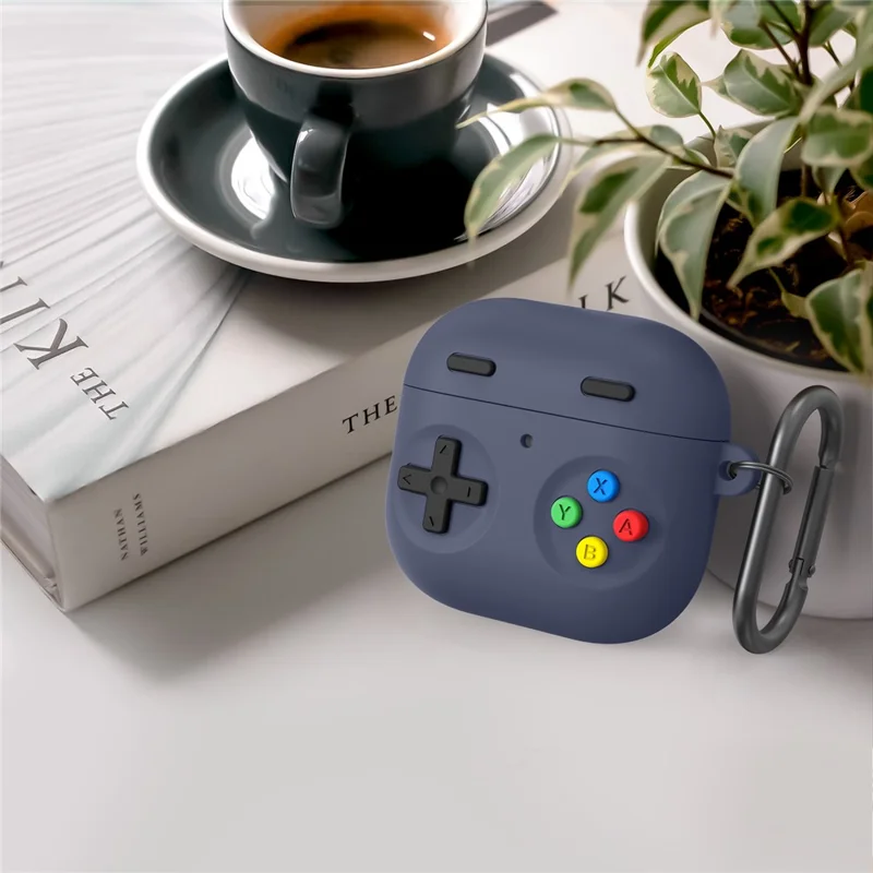 AHASTYLE PT-DD10 Für AirPods 4 Silikon-Hülle im Gaming-Konsolen-Design, geteilte Schutzhülle mit Karabiner / Gurt - Mitternachtsblau