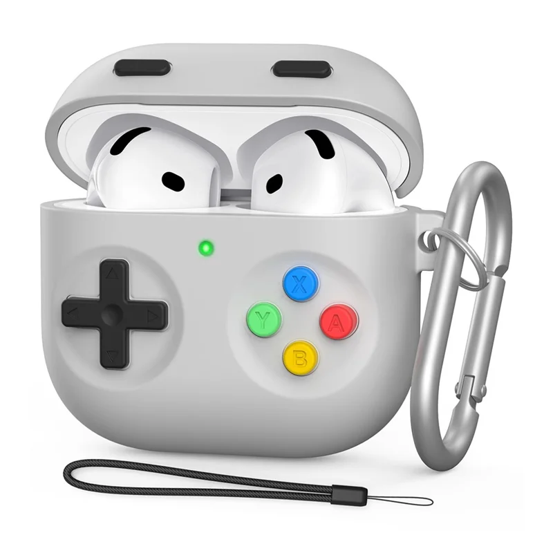 AHASTYLE PT-DD10 For AirPods 4 Silicone Case Game Console Design Split Protective Cover with Carabiner / Strap - Light Grey