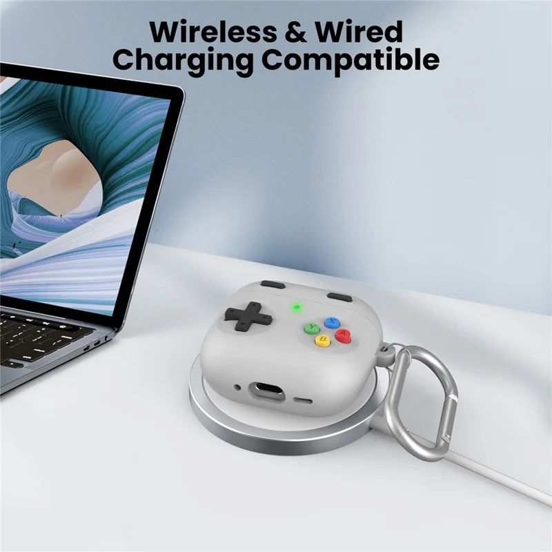 AHASTYLE PT-DD10 For AirPods 4 Silicone Case Game Console Design Split Protective Cover with Carabiner / Strap - Light Grey