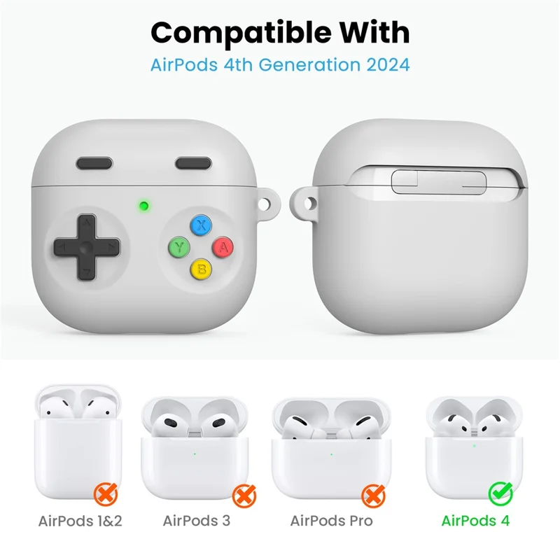 AHASTYLE PT-DD10 For AirPods 4 Silicone Case Game Console Design Split Protective Cover with Carabiner / Strap - Light Grey