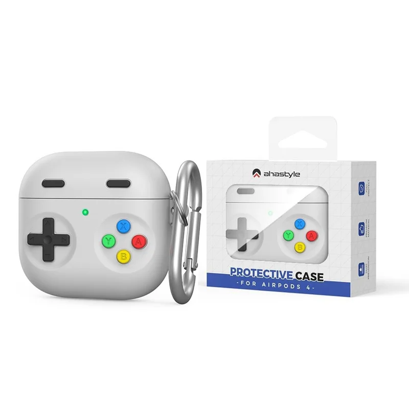 AHASTYLE PT-DD10 For AirPods 4 Silicone Case Game Console Design Split Protective Cover with Carabiner / Strap - Light Grey