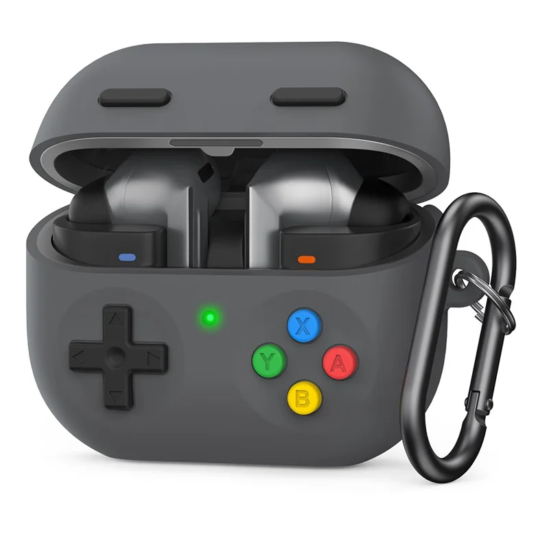 AHASTYLE PT-DD11 Für Samsung Galaxy Buds3 Pro Silikon-Hülle Spielkonsolen-Design Geteilte Schutzhülle mit Karabiner / Gurt - Dunkelgrau