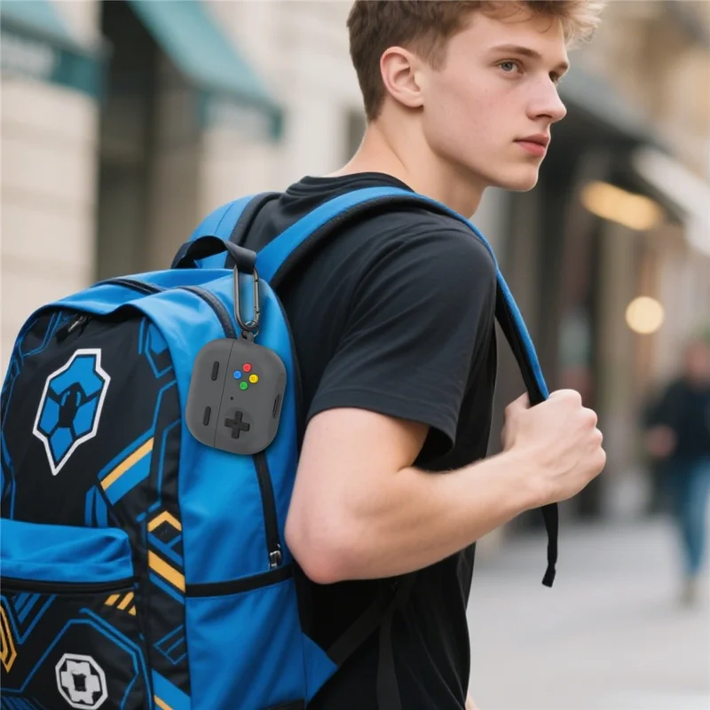AHASTYLE PT-DD11 Für Samsung Galaxy Buds3 Pro Silikon-Hülle Spielkonsolen-Design Geteilte Schutzhülle mit Karabiner / Gurt - Dunkelgrau