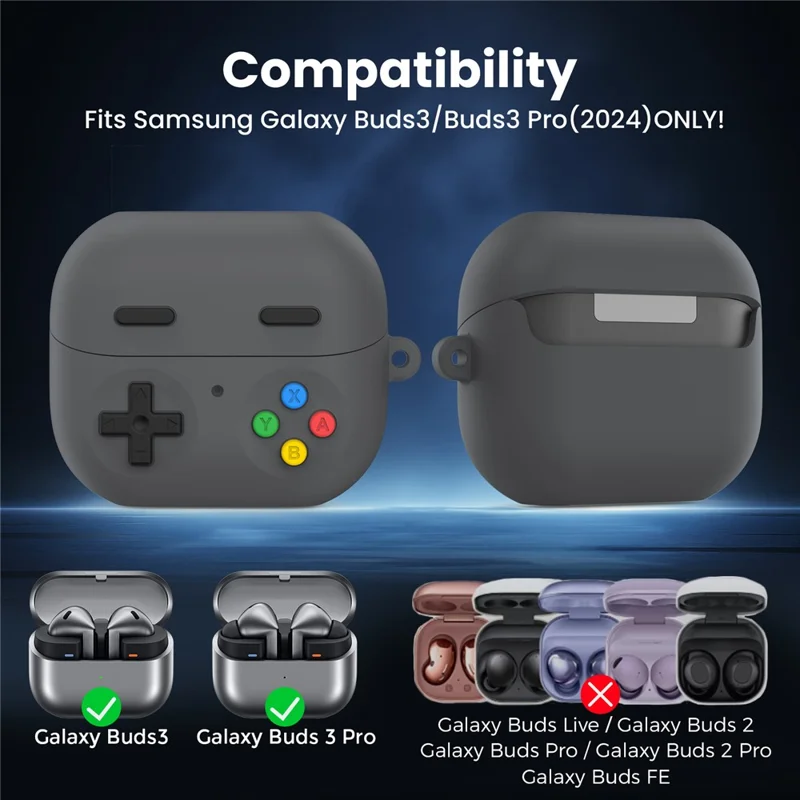 AHASTYLE PT-DD11 Für Samsung Galaxy Buds3 Pro Silikon-Hülle Spielkonsolen-Design Geteilte Schutzhülle mit Karabiner / Gurt - Dunkelgrau