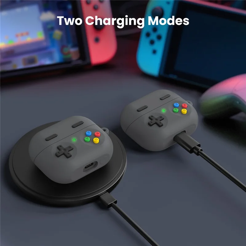 AHASTYLE PT-DD11 Für Samsung Galaxy Buds3 Pro Silikon-Hülle Spielkonsolen-Design Geteilte Schutzhülle mit Karabiner / Gurt - Dunkelgrau