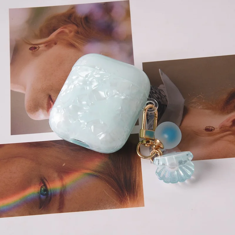 Custodia per Auricolari con Charm a Conchiglia di Perla per Apple AirPods con Custodia di Ricarica Wireless (2019) / AirPods con Custodia di Ricarica (2019) / (2016) - Blu