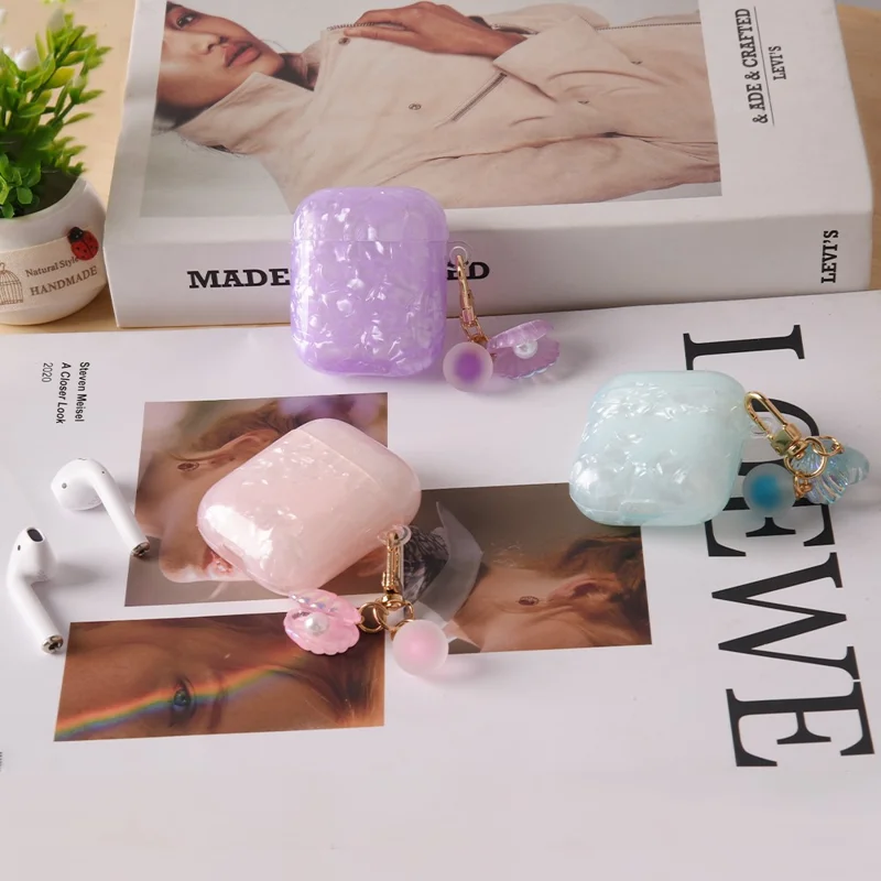Custodia per Auricolari con Charm a Conchiglia di Perla per Apple AirPods con Custodia di Ricarica Wireless (2019) / AirPods con Custodia di Ricarica (2019) / (2016) - Blu