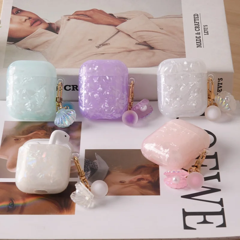 Custodia per Auricolari con Charm a Conchiglia di Perla per Apple AirPods con Custodia di Ricarica Wireless (2019) / AirPods con Custodia di Ricarica (2019) / (2016) - Blu