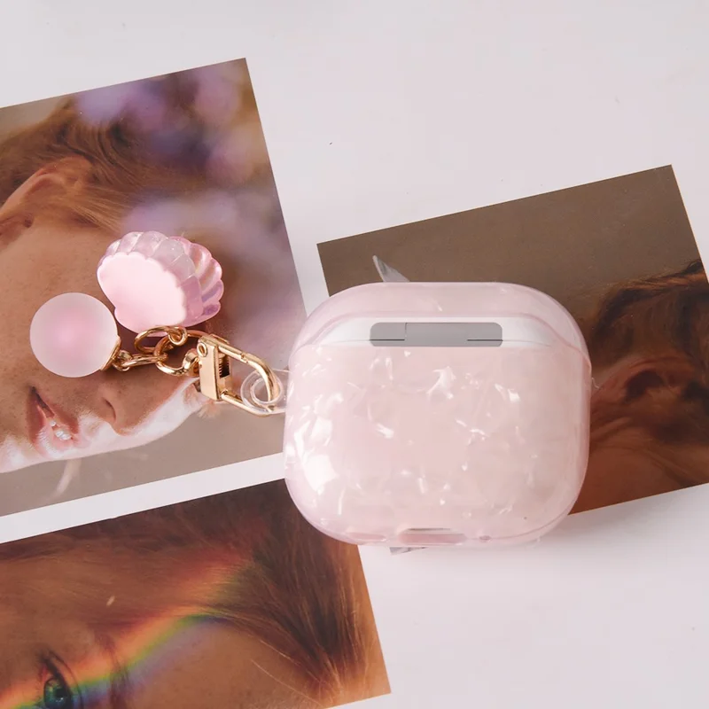 For Apple AirPods 3 Protective Case TPU Earphone Cover with Pearl and Seashell-Shaped Charm - Pink