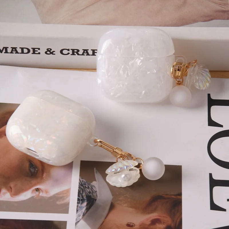 For Apple AirPods 3 Protective Case TPU Earphone Cover with Pearl and Seashell-Shaped Charm - Pink