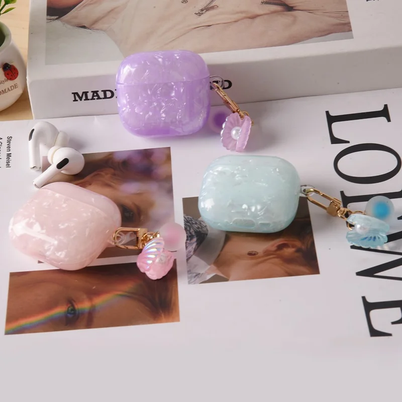 For Apple AirPods 3 Protective Case TPU Earphone Cover with Pearl and Seashell-Shaped Charm - Pink