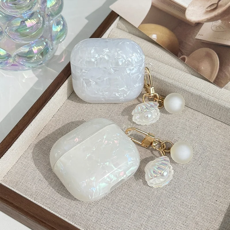 For AirPods 4 Protective Case TPU Earphone Cover with Pearl and Seashell-Shaped Charm - Blue