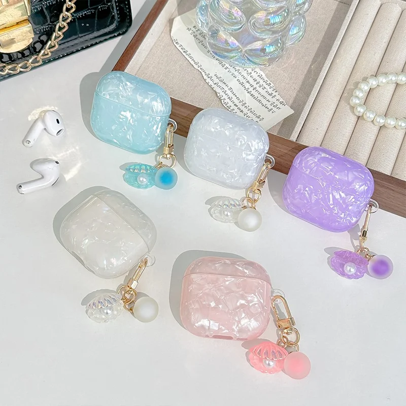 For AirPods 4 Protective Case TPU Earphone Cover with Pearl and Seashell-Shaped Charm - Blue