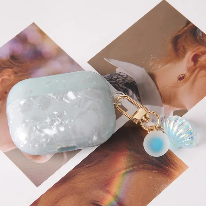 Étui de protection en TPU pour Apple AirPods Pro avec Charm Perle et Coquillage - Bleu