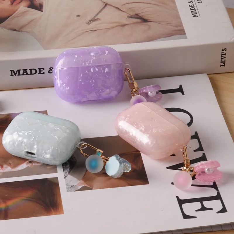 Étui de protection en TPU pour Apple AirPods Pro avec Charm Perle et Coquillage - Bleu