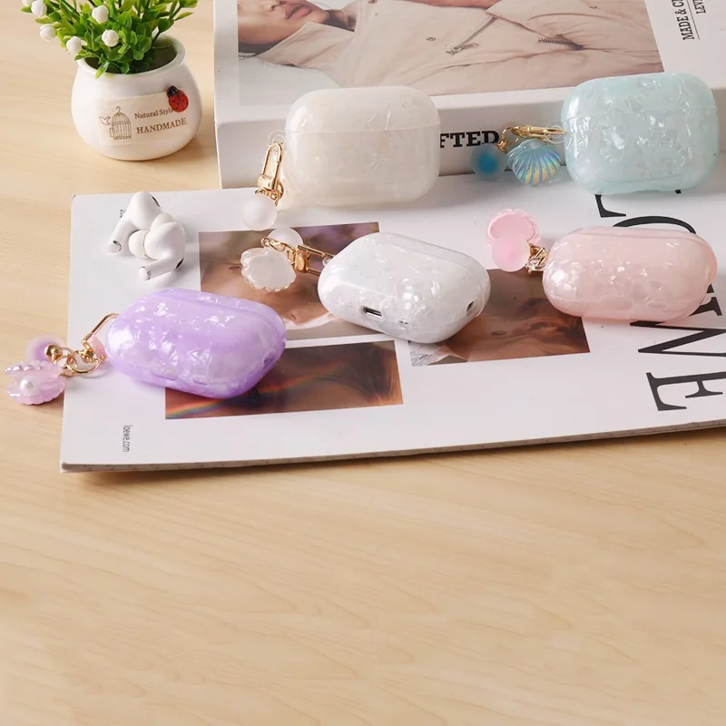 For AirPods Pro 2 Protective Case TPU Earphone Cover with Pearl and Seashell-Shaped Charm - Blue