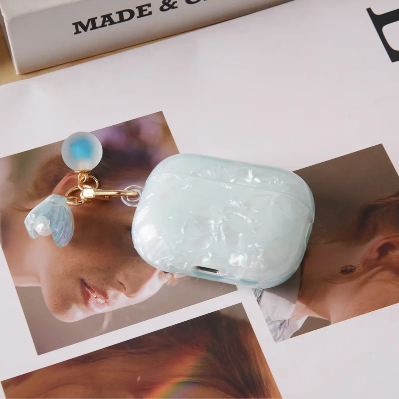 For AirPods Pro 2 Protective Case TPU Earphone Cover with Pearl and Seashell-Shaped Charm - Blue