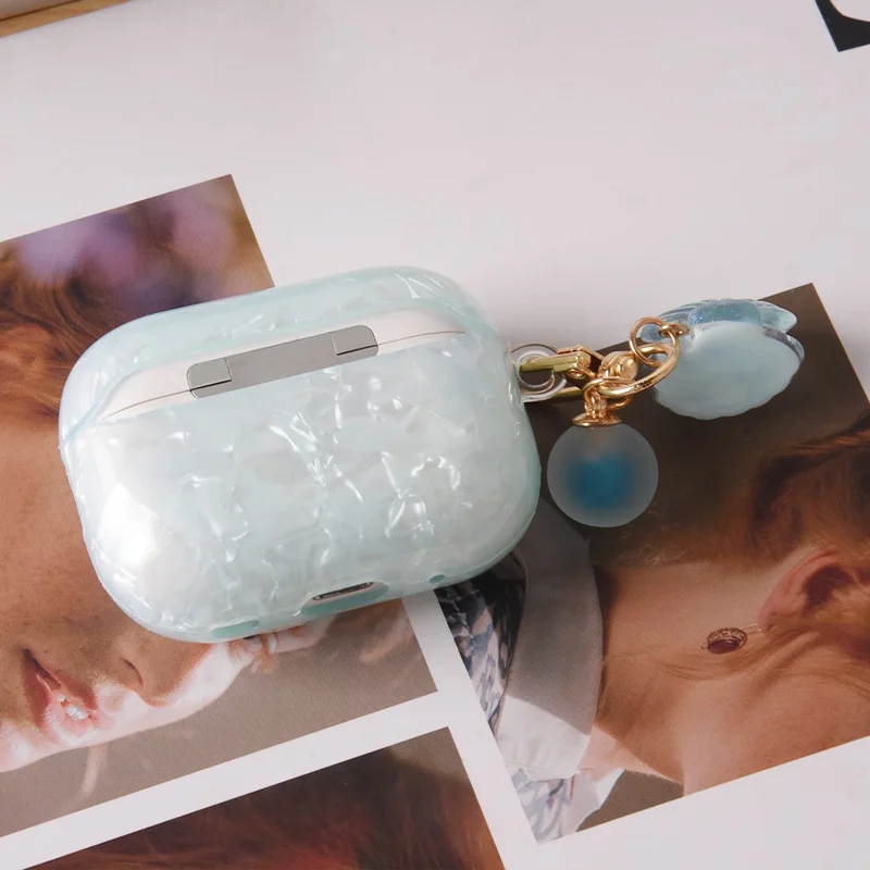 For AirPods Pro 2 Protective Case TPU Earphone Cover with Pearl and Seashell-Shaped Charm - Blue