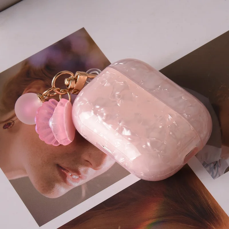 For AirPods Pro 2 Protective Case TPU Earphone Cover with Pearl and Seashell-Shaped Charm - Pink