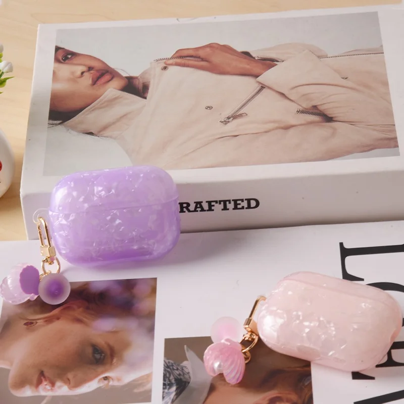 For AirPods Pro 2 Protective Case TPU Earphone Cover with Pearl and Seashell-Shaped Charm - Pink