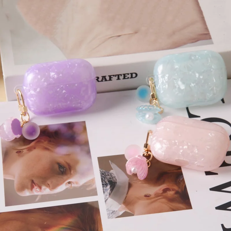 For AirPods Pro 2 Protective Case TPU Earphone Cover with Pearl and Seashell-Shaped Charm - Pink