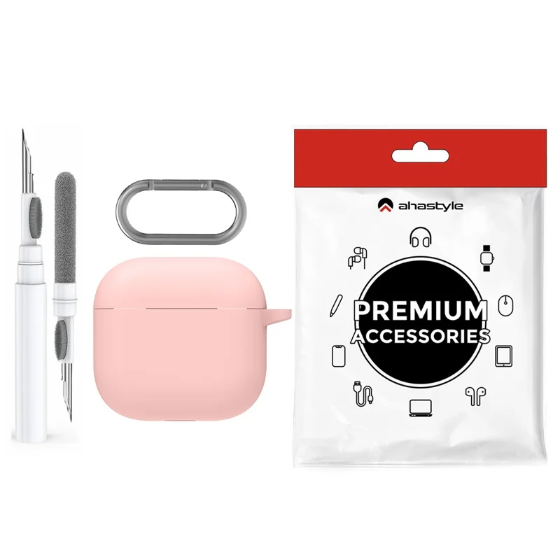 AHASTYLE WG163 For AirPods 4 Silicone Case Earphone Cover with Cleaning Pen Kit and Carabiner - Pink