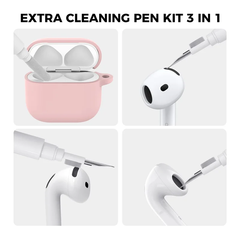 AHASTYLE WG163 For AirPods 4 Silicone Case Earphone Cover with Cleaning Pen Kit and Carabiner - Pink