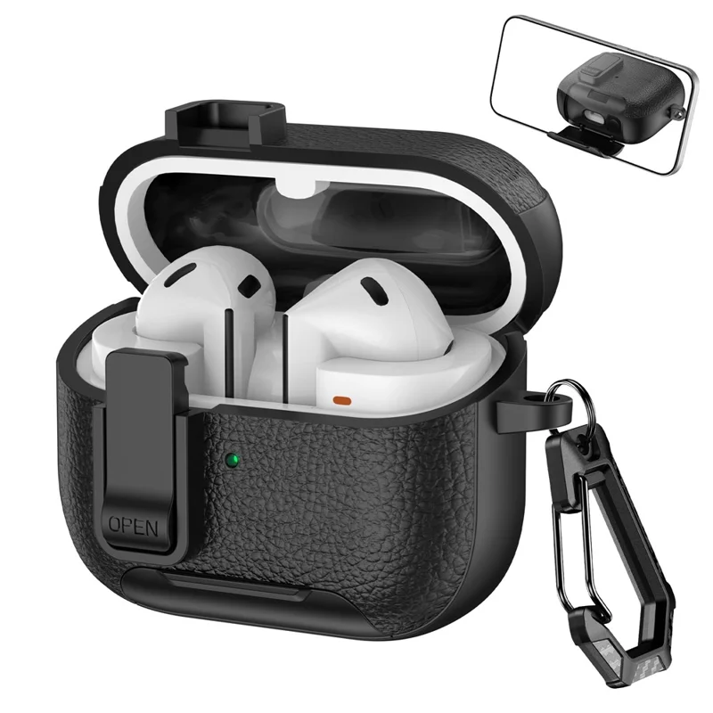 For Samsung Galaxy Buds3 Pro  /  Buds3 Protective Case with Stand Litchi Texture TPU + PC Earphone Cover with Lock and Carabiner - Black