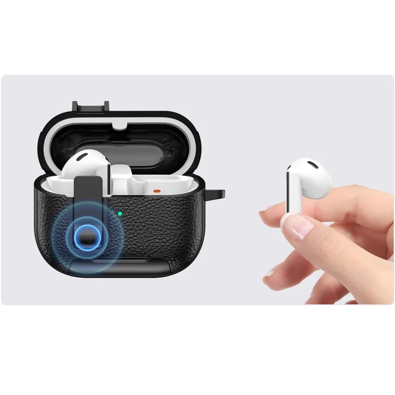 For Samsung Galaxy Buds3 Pro  /  Buds3 Protective Case with Stand Litchi Texture TPU + PC Earphone Cover with Lock and Carabiner - Black