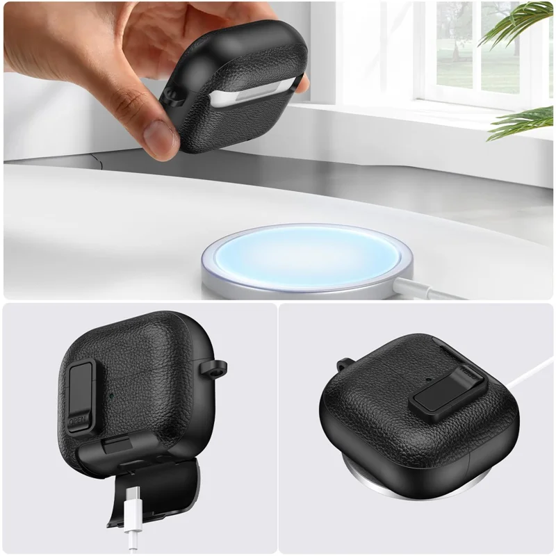 For Samsung Galaxy Buds3 Pro  /  Buds3 Protective Case with Stand Litchi Texture TPU + PC Earphone Cover with Lock and Carabiner - Black