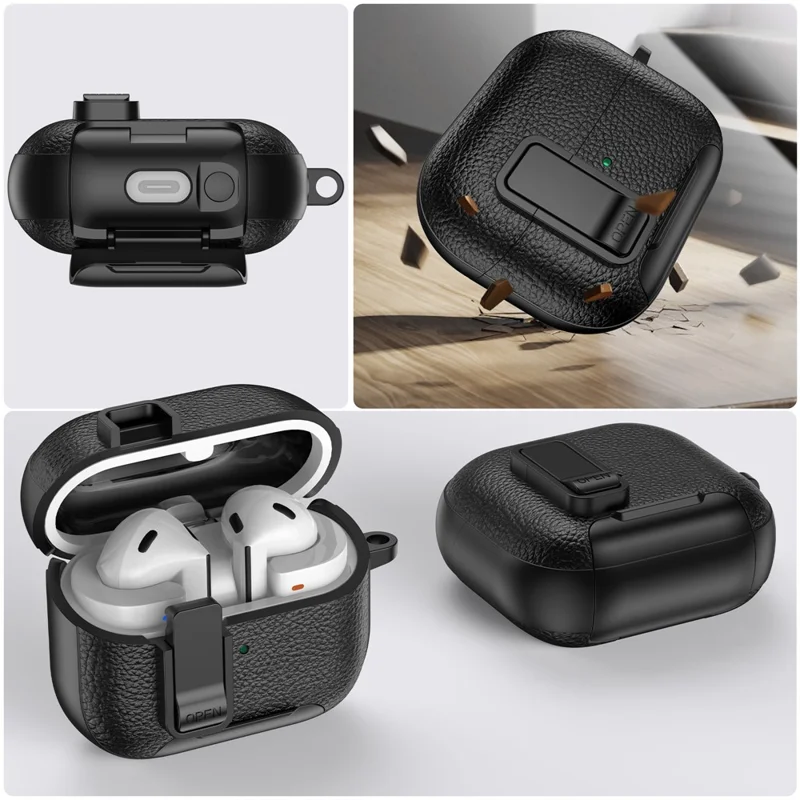 For Samsung Galaxy Buds3 Pro  /  Buds3 Protective Case with Stand Litchi Texture TPU + PC Earphone Cover with Lock and Carabiner - Black