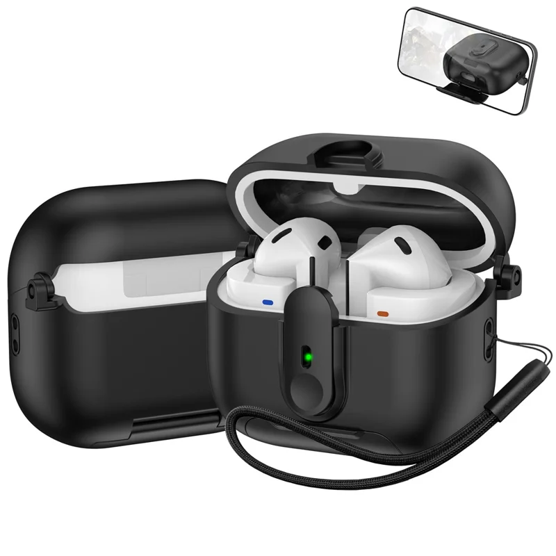 For Samsung Galaxy Buds3 Pro  /  Buds3 Case Switch Lock Earbuds Cover with Stand and Lanyard - Black