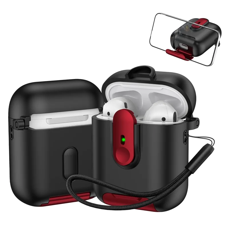 Gehäuse mit Schalter für Apple AirPods mit kabelloser Ladehülle (2019) / AirPods mit Ladehülle (2019) / (2016), mit Schlaufe - Schwarz / Rot