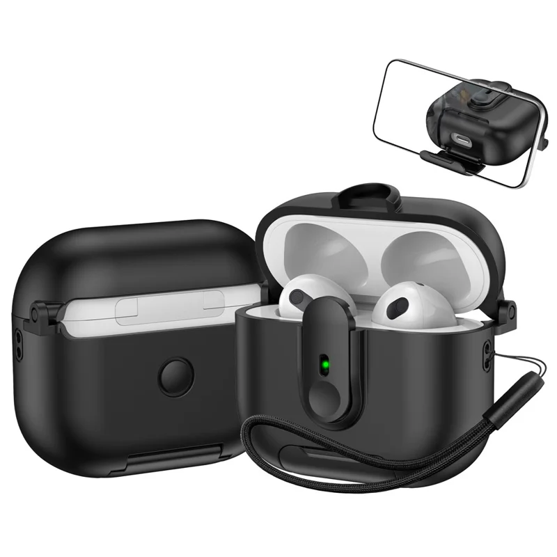 Für Apple AirPods 3 Schutzhülle mit Verriegelungsmechanismus, Ständer und Trageband - Schwarz