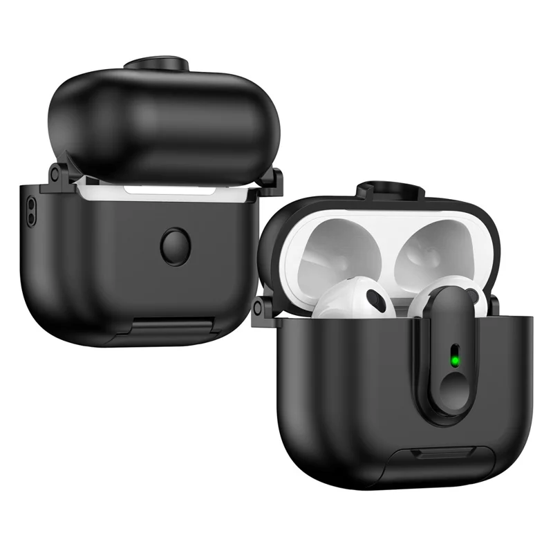 Für Apple AirPods 3 Schutzhülle mit Verriegelungsmechanismus, Ständer und Trageband - Schwarz
