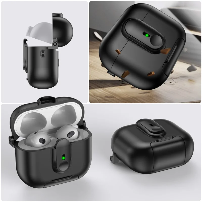 Für Apple AirPods 3 Schutzhülle mit Verriegelungsmechanismus, Ständer und Trageband - Schwarz