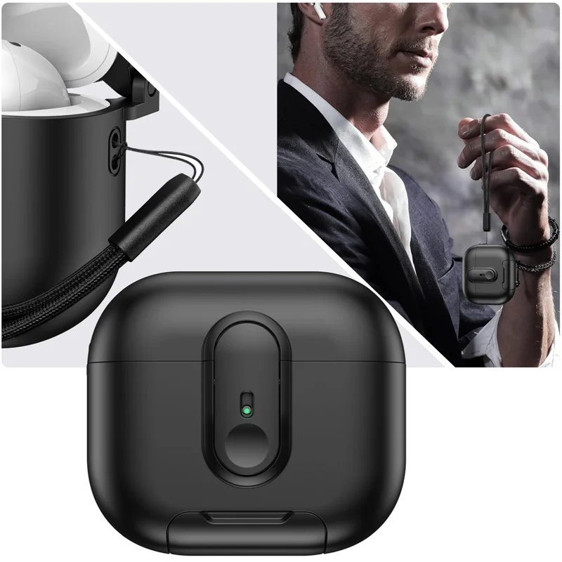 Für Apple AirPods 3 Schutzhülle mit Verriegelungsmechanismus, Ständer und Trageband - Schwarz