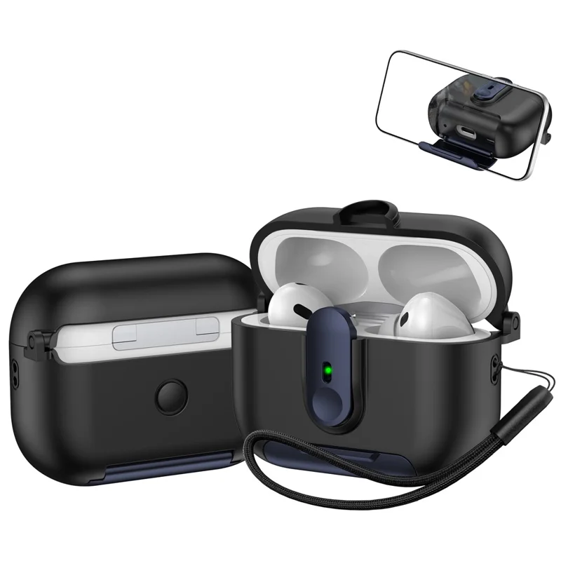 Skyddsfodral till Apple AirPods Pro 2 med växlingslås, hörlursfodral med ställfot och hänglina - Svart / Blå