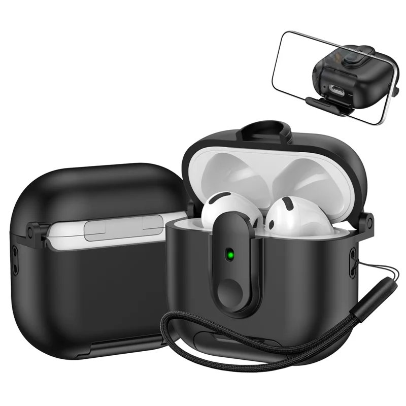 Für Apple AirPods 4 Schutzhülle mit Verriegelungsmechanismus, Ständer und Umhängeband - Schwarz