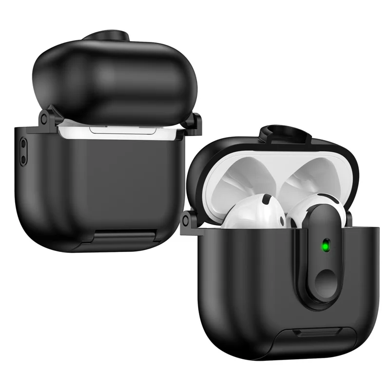 Für Apple AirPods 4 Schutzhülle mit Verriegelungsmechanismus, Ständer und Umhängeband - Schwarz