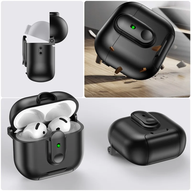 Für Apple AirPods 4 Schutzhülle mit Verriegelungsmechanismus, Ständer und Umhängeband - Schwarz