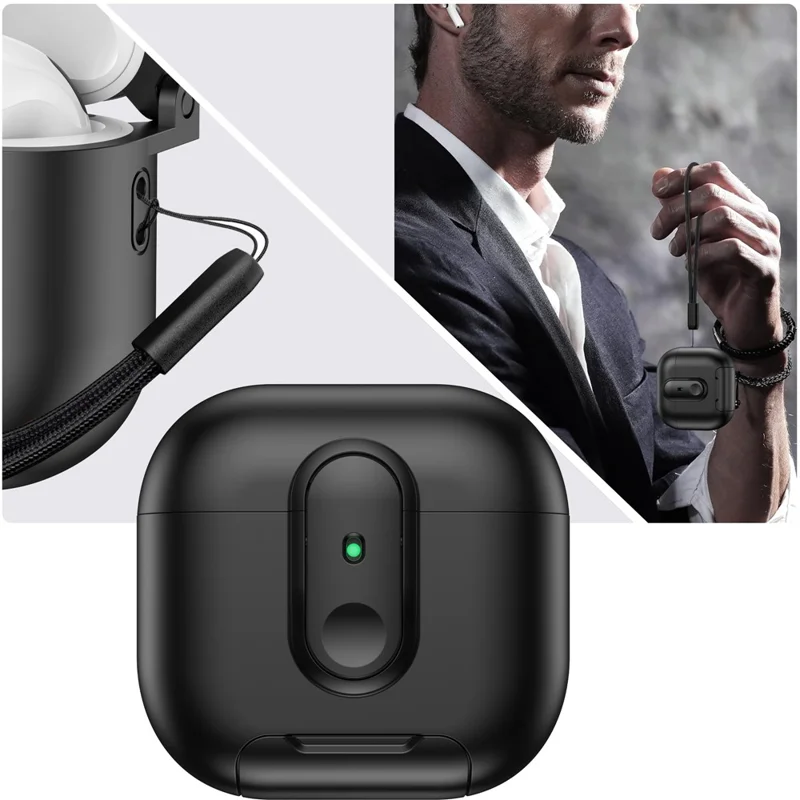 Für Apple AirPods 4 Schutzhülle mit Verriegelungsmechanismus, Ständer und Umhängeband - Schwarz