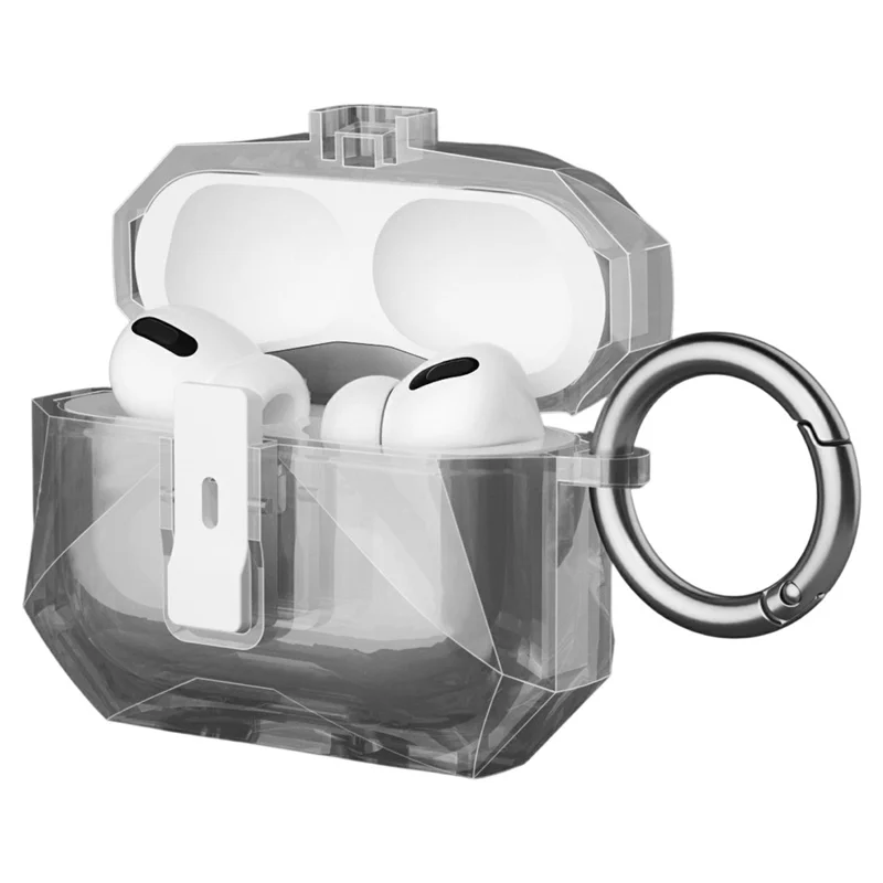 For AirPods Pro 2 Case Auto Pop-Up Lock Design TPU Protective Cover with Carabiner - Transparent Black