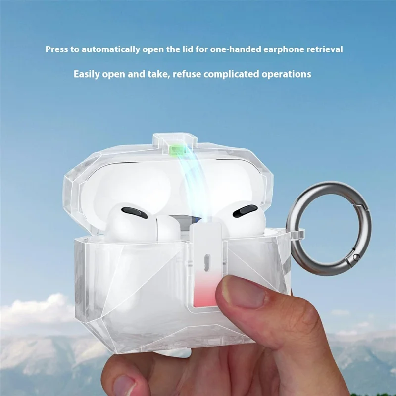 For AirPods Pro 2 Case Auto Pop-Up Lock Design TPU Protective Cover with Carabiner - Transparent Black