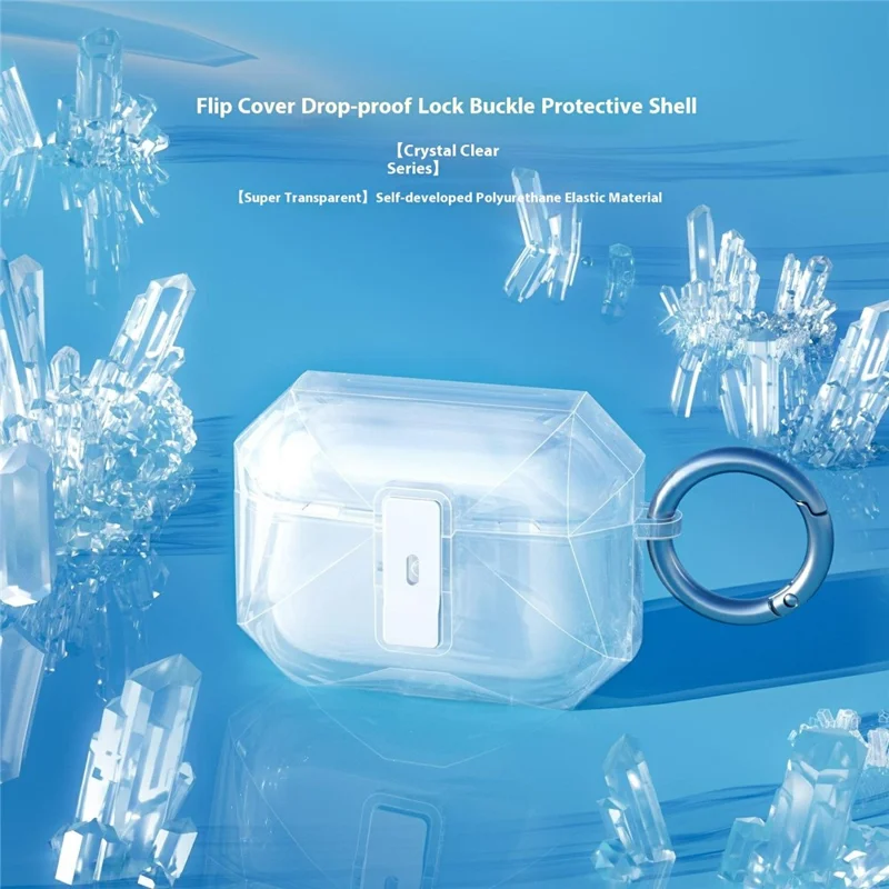 For AirPods Pro 2 Case Auto Pop-Up Lock Design TPU Protective Cover with Carabiner - Transparent Black