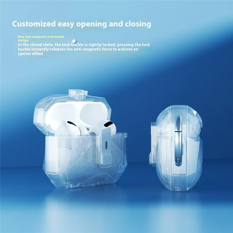 For AirPods Pro 2 Case Auto Pop-Up Lock Design TPU Protective Cover with Carabiner - Transparent Black