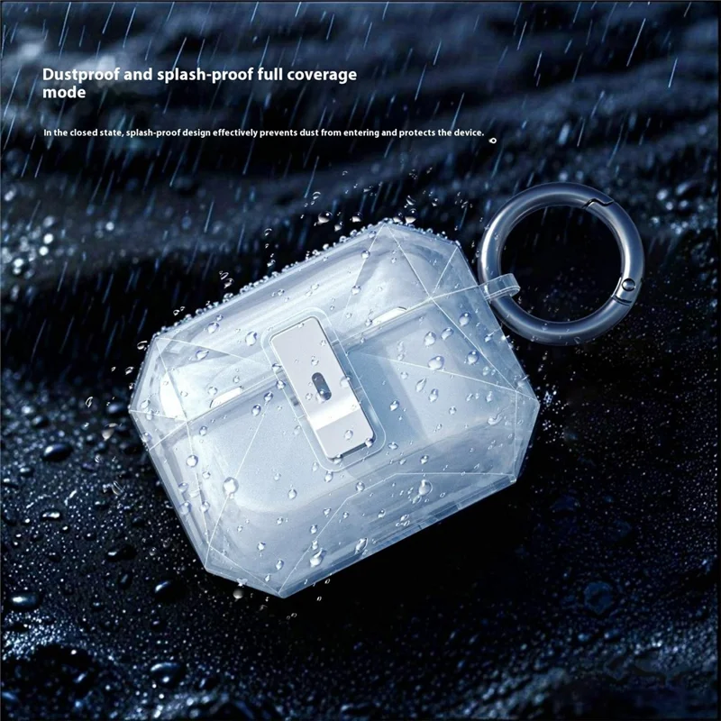 For AirPods Pro 2 Case Auto Pop-Up Lock Design TPU Protective Cover with Carabiner - Transparent Black