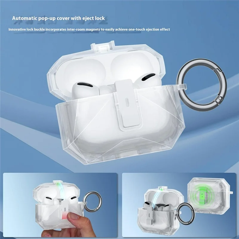 For AirPods Pro 2 Case Auto Pop-Up Lock Design TPU Protective Cover with Carabiner - Transparent Black