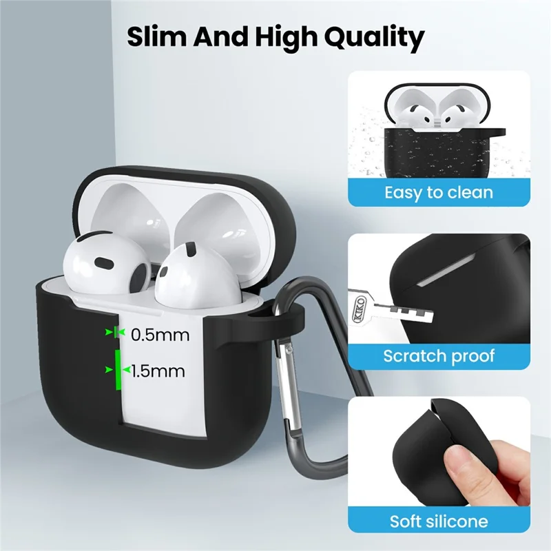 AHASTYLE WE36 For AirPods 4 Case Silicone Earbuds Protective Cover with Carabiner - Black